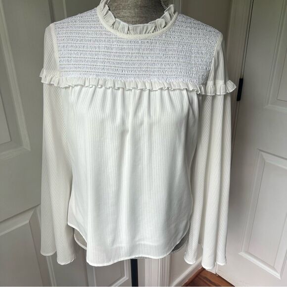 Oliver Bonas Smocked Bell Sleeve Collared White Top - Picture 1 of 6
